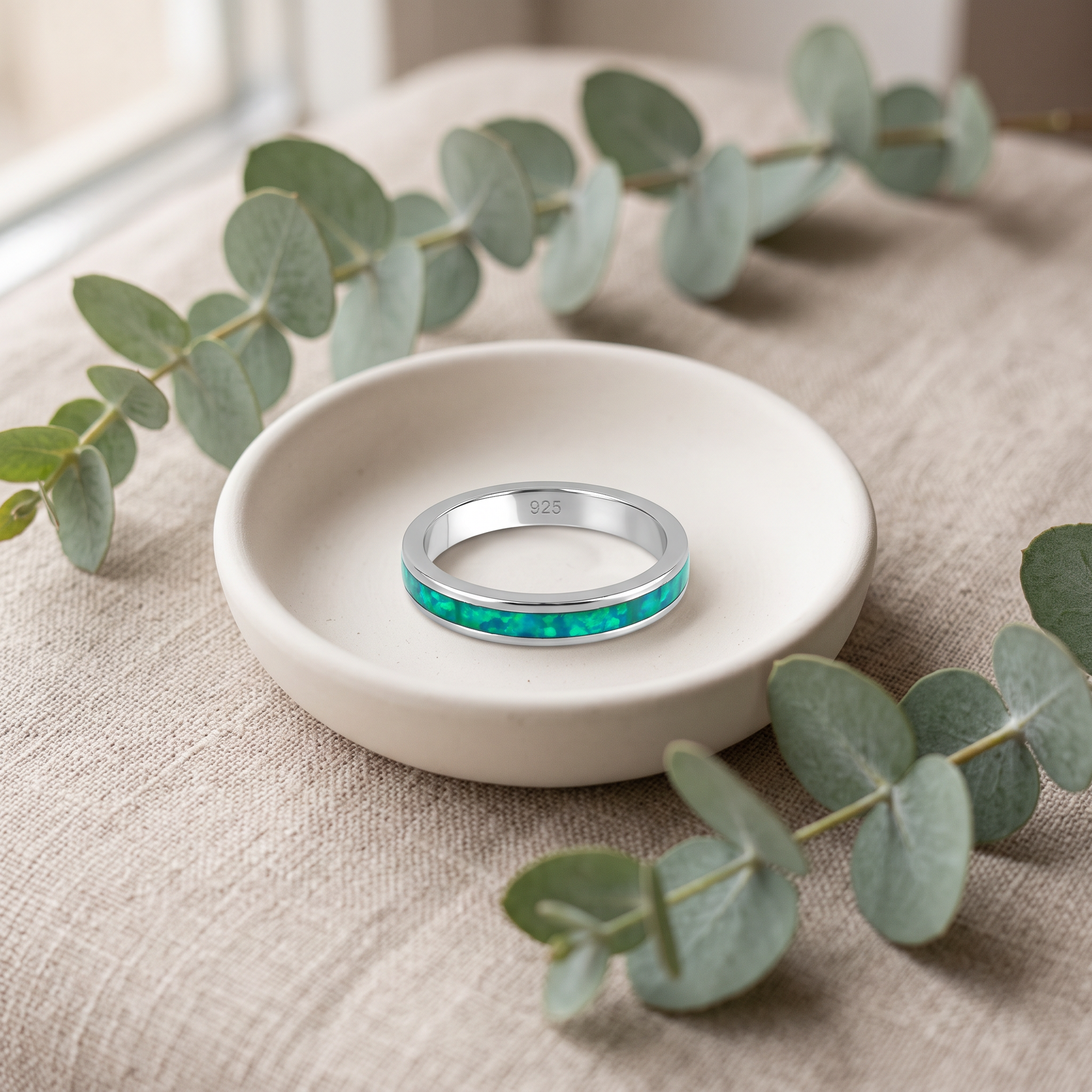 Sterling Silver Seamless Green Lab Opal Ring styled