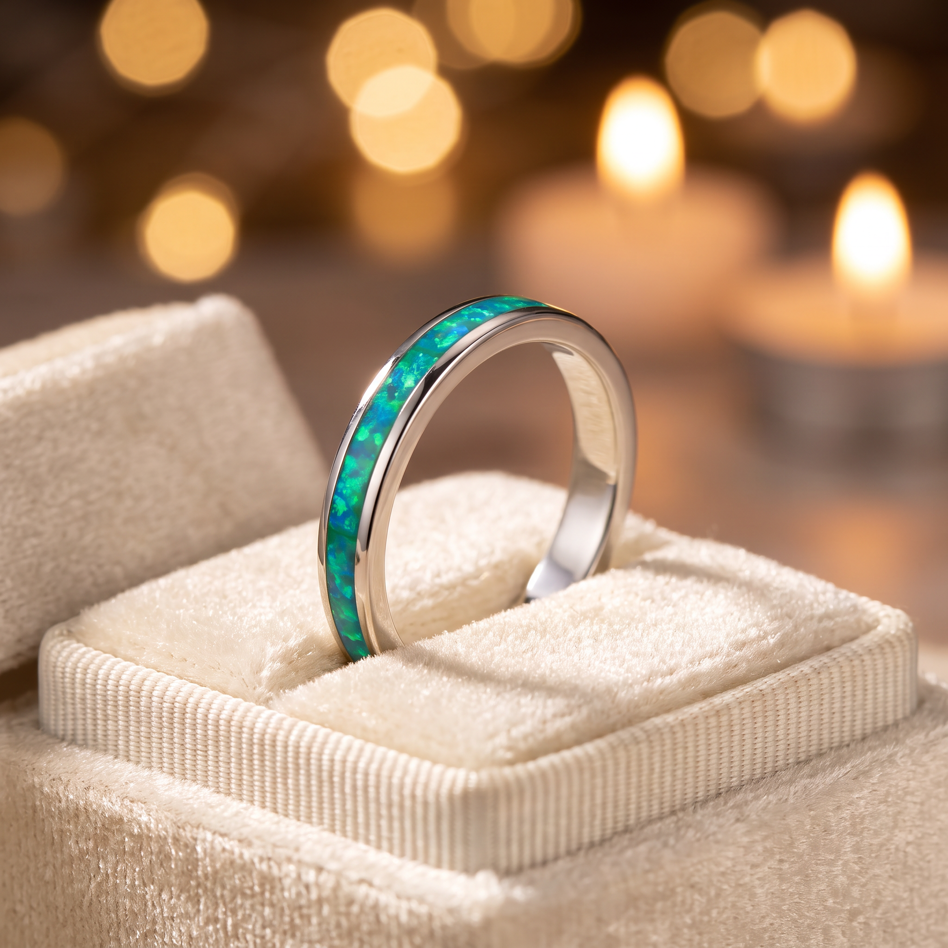 Sterling Silver Seamless Green Lab Opal Ring gift box