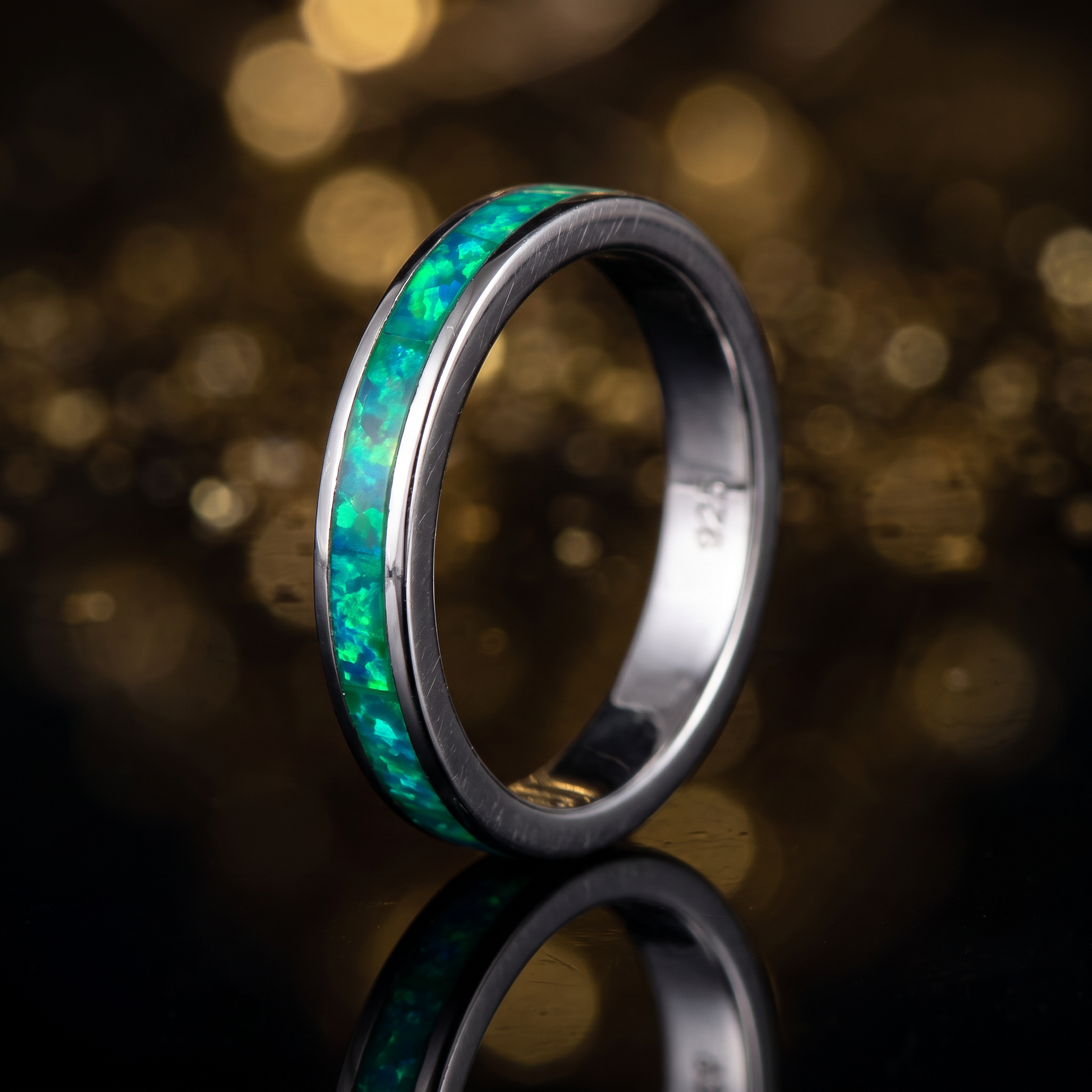 Sterling Silver Seamless Green Lab Opal Ring close-up