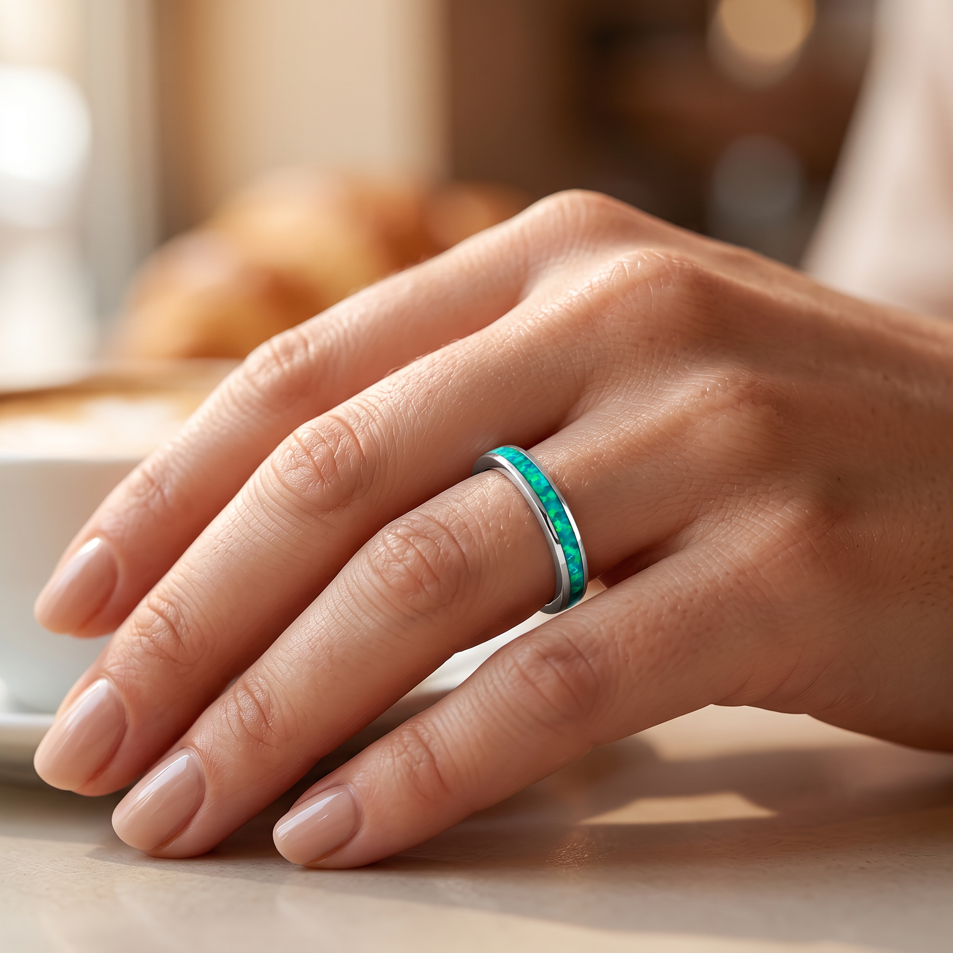 Sterling Silver Seamless Green Lab Opal Ring worn on hand