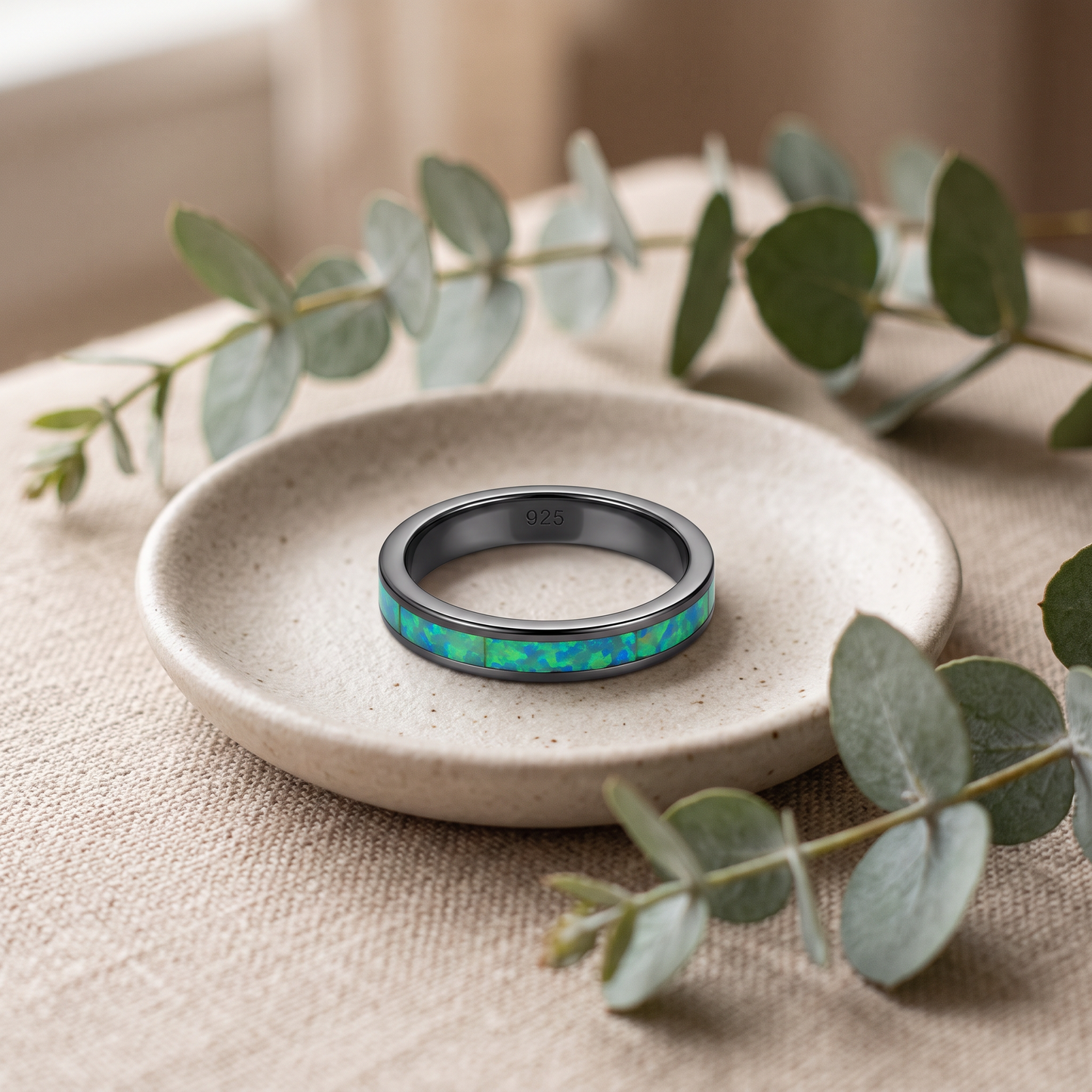 Sterling Silver Black Rhodium Plated Seamless Green Lab Opal Ring styled