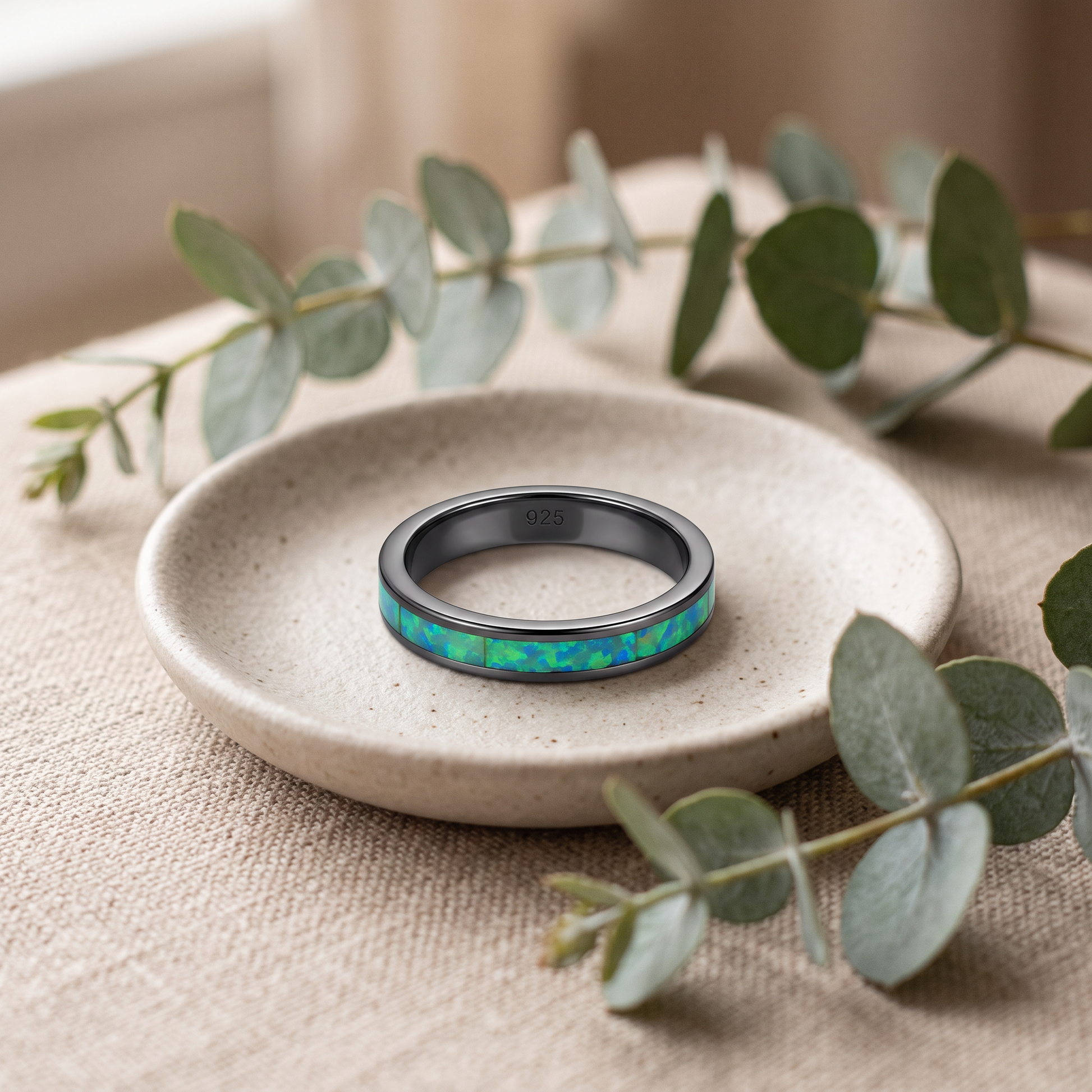 Sterling Silver Black Rhodium Plated Seamless Green Lab Opal Ring styled