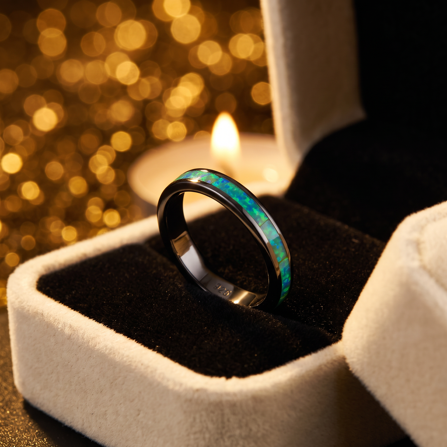 Sterling Silver Black Rhodium Plated Seamless Green Lab Opal Ring gift box