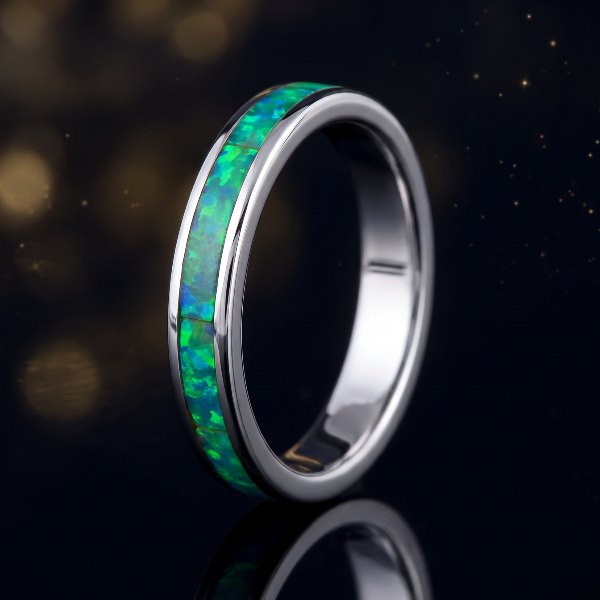 Sterling Silver Black Rhodium Plated Seamless Green Lab Opal Ring close-up