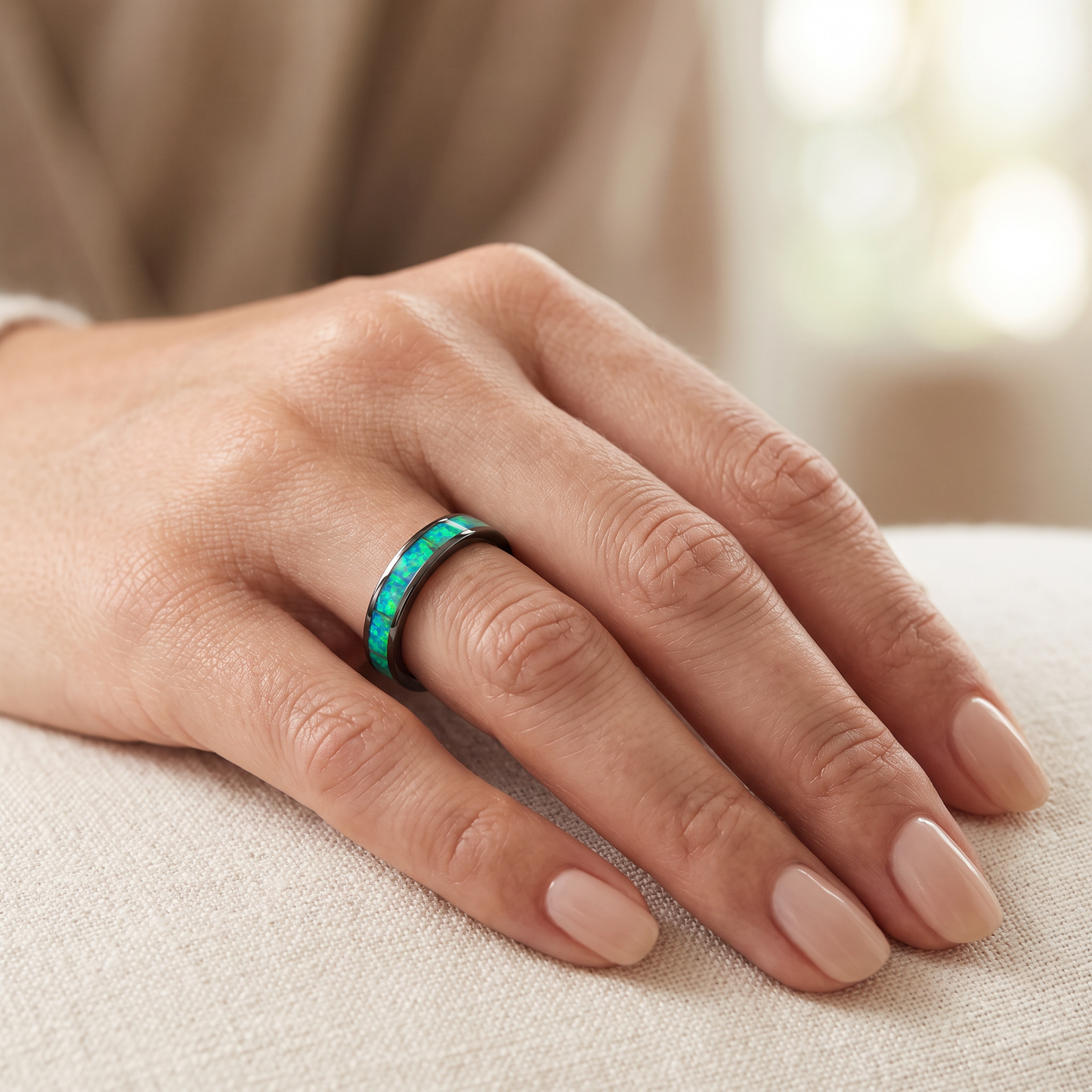 Sterling Silver Black Rhodium Plated Seamless Green Lab Opal Ring worn on hand
