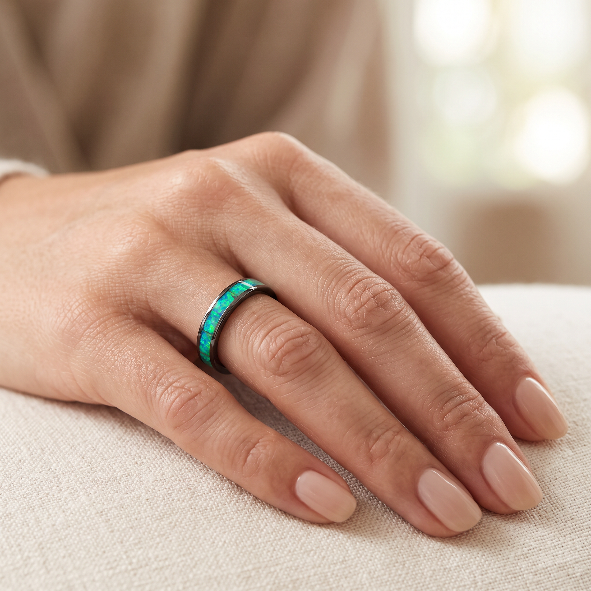 Sterling Silver Black Rhodium Plated Seamless Green Lab Opal Ring worn on hand