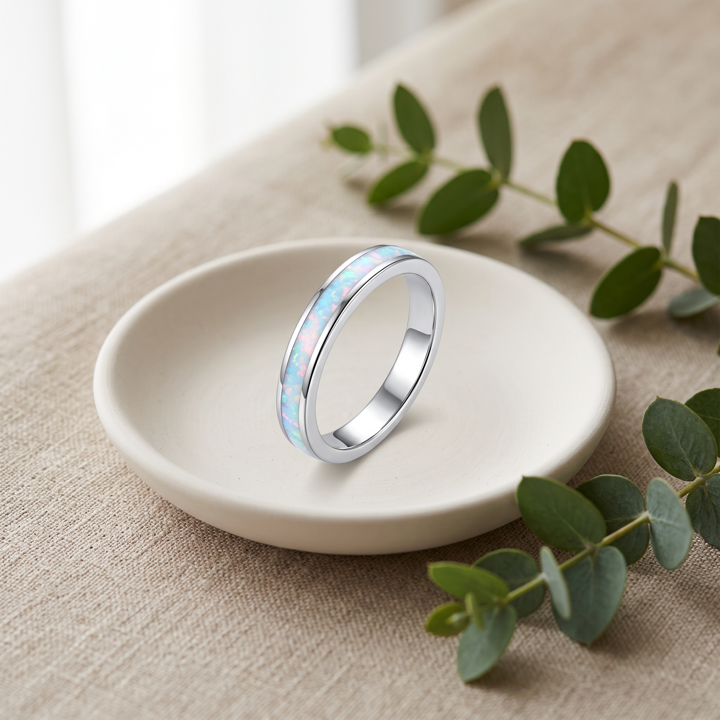 Sterling Silver Rose Gold Seamless White Lab Opal Ring styled