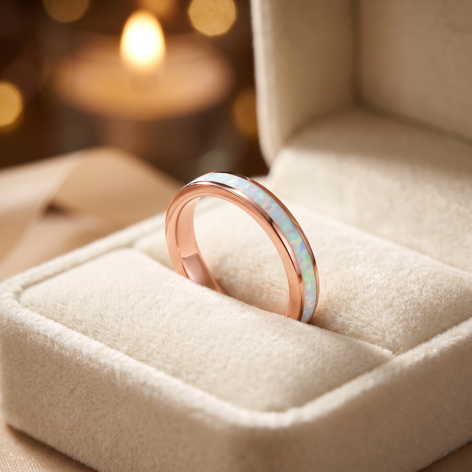 Sterling Silver Rose Gold Seamless White Lab Opal Ring gift box