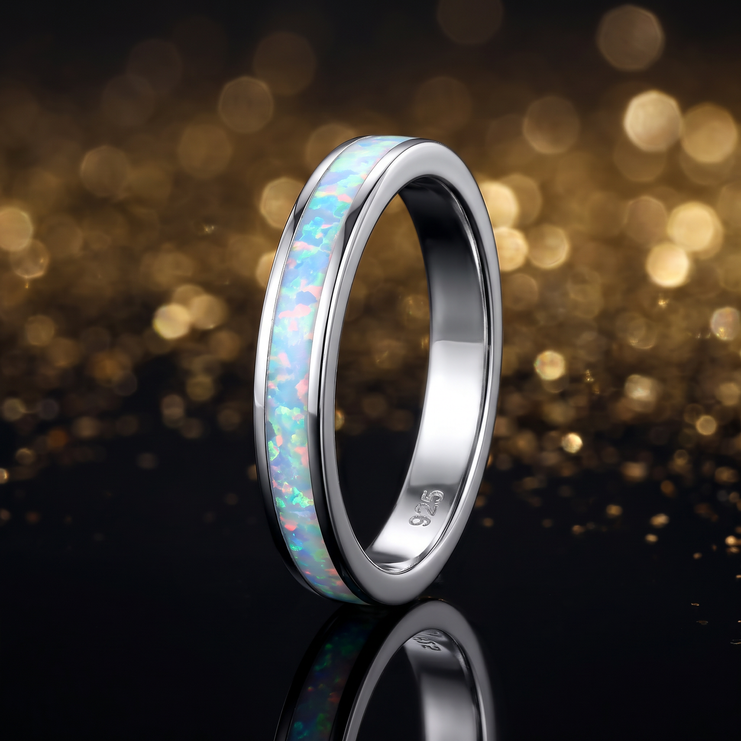 Sterling Silver Rose Gold Seamless White Lab Opal Ring close-up