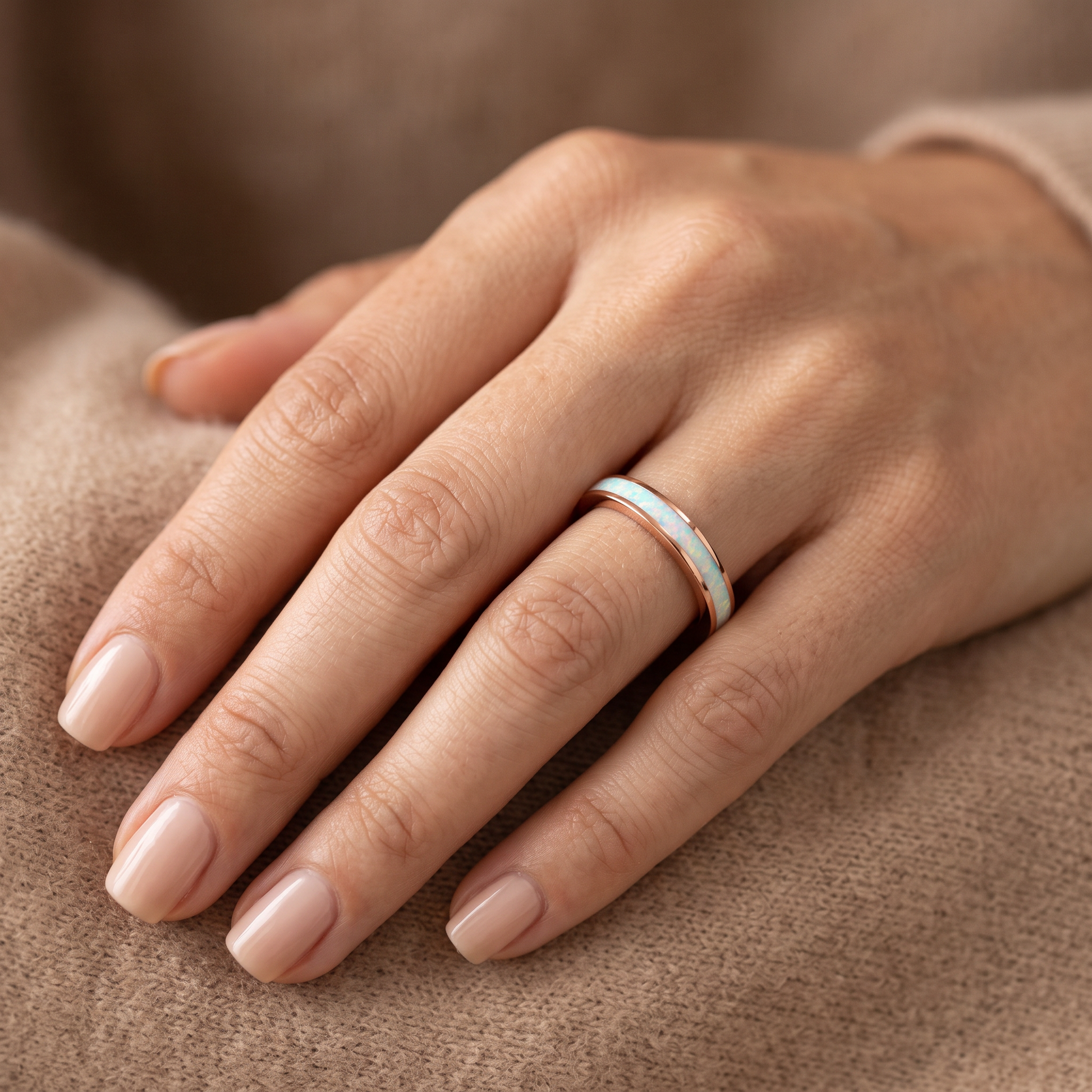 Sterling Silver Rose Gold Seamless White Lab Opal Ring worn on hand