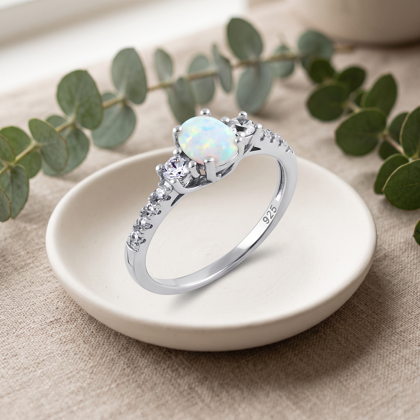 Sterling Silver Rose Gold Oval White Lab Opal CZ Ring styled