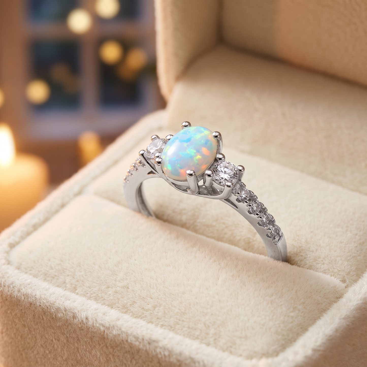 Sterling Silver Rose Gold Oval White Lab Opal CZ Ring gift box