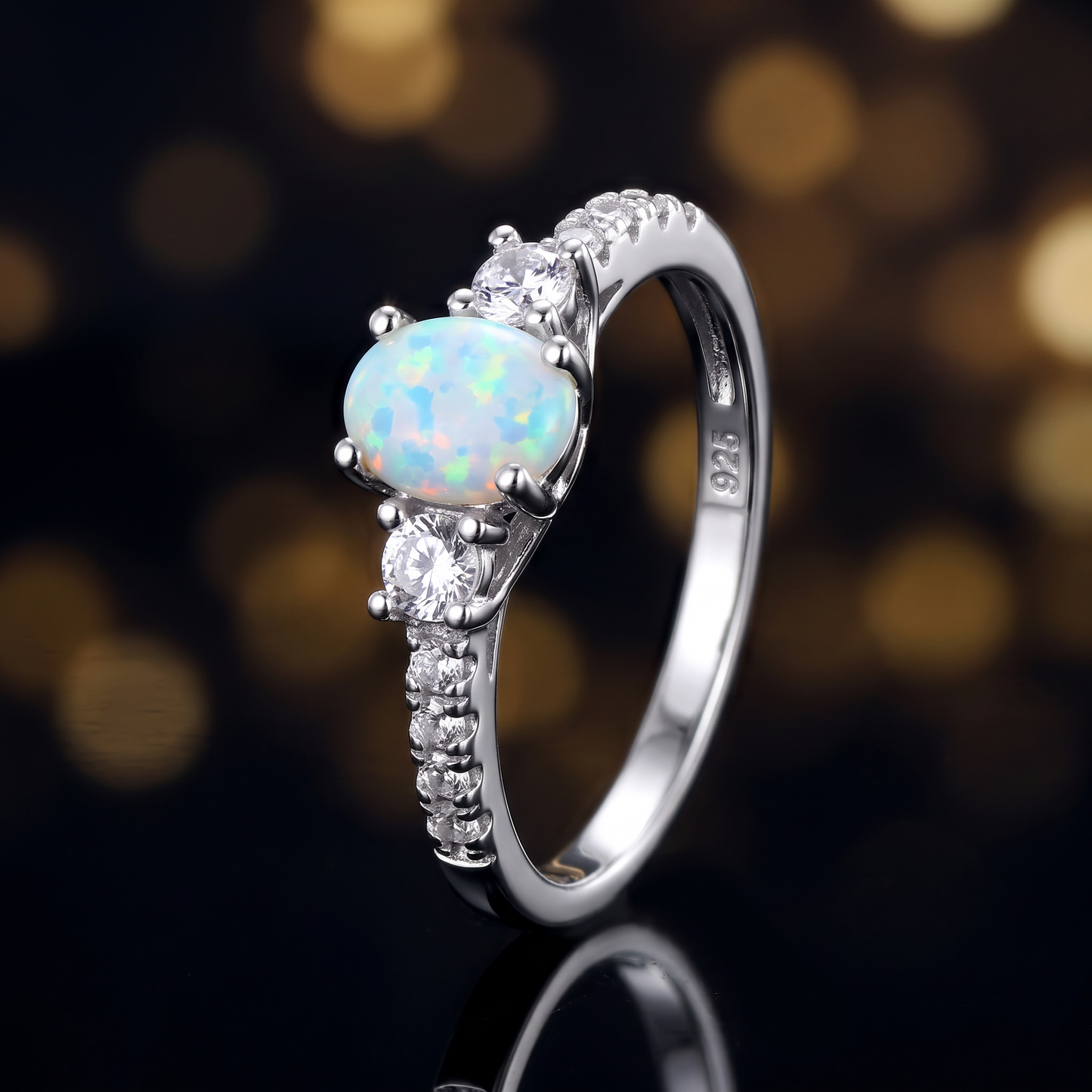 Sterling Silver Rose Gold Oval White Lab Opal CZ Ring close-up