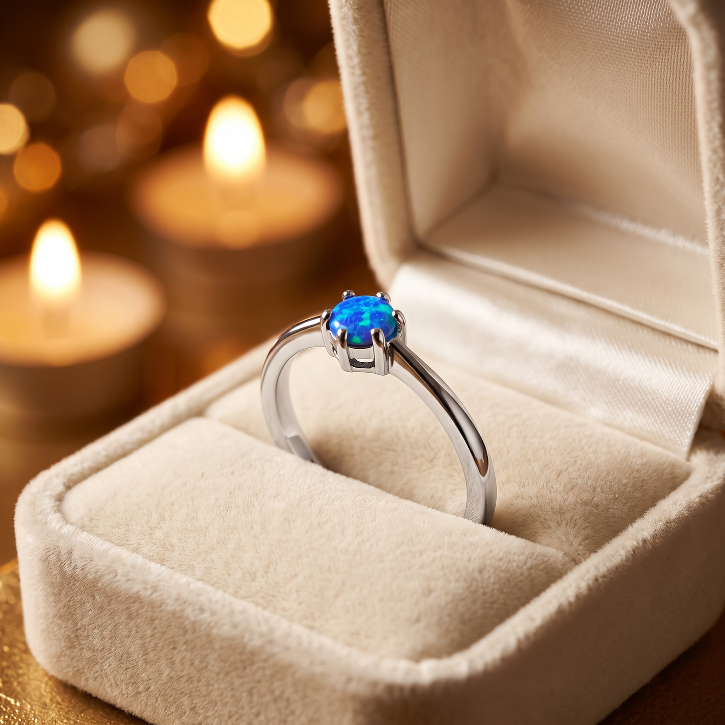 Sterling Silver Gold Plated Round Blue Lab Opal Ring gift box