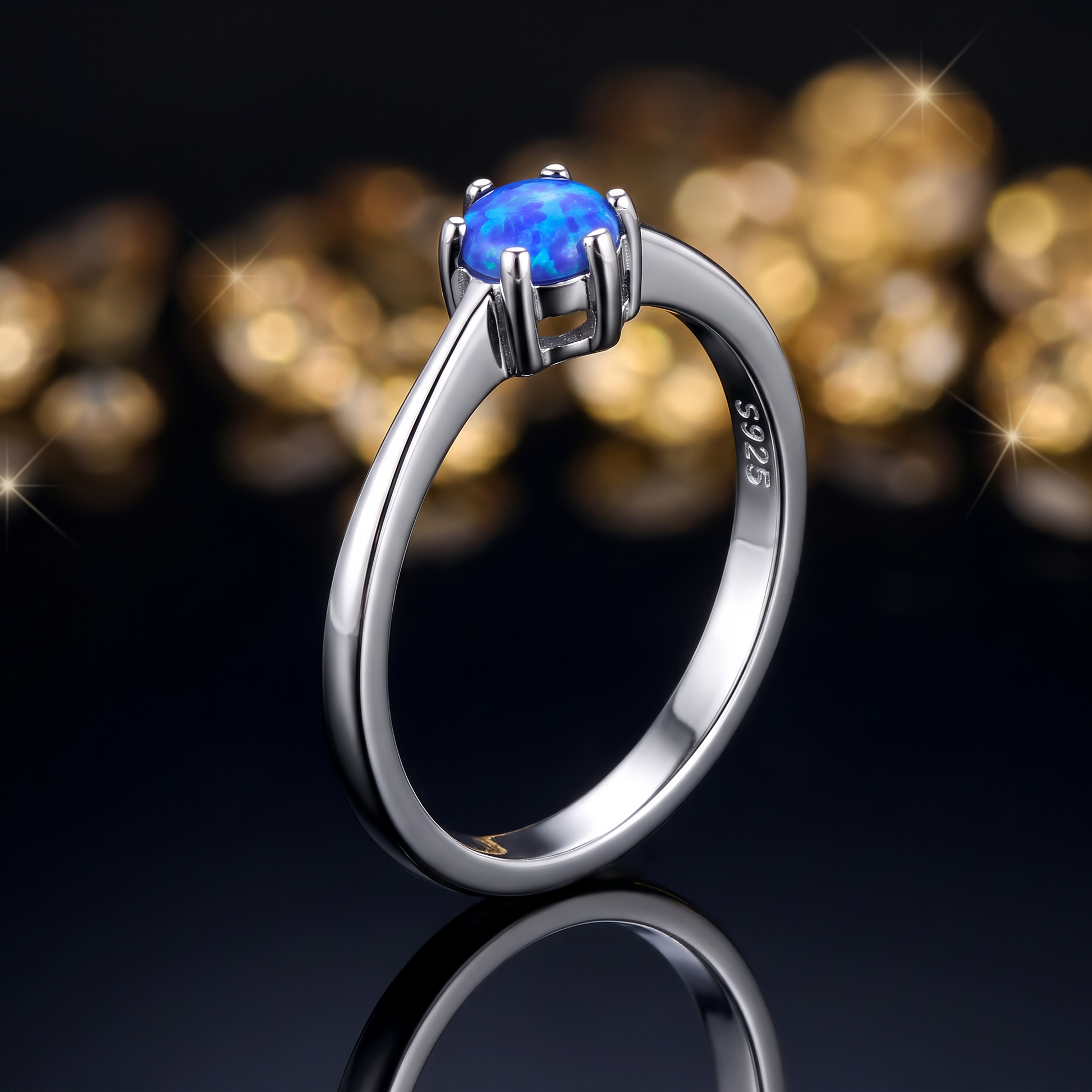 Sterling Silver Gold Plated Round Blue Lab Opal Ring close-up