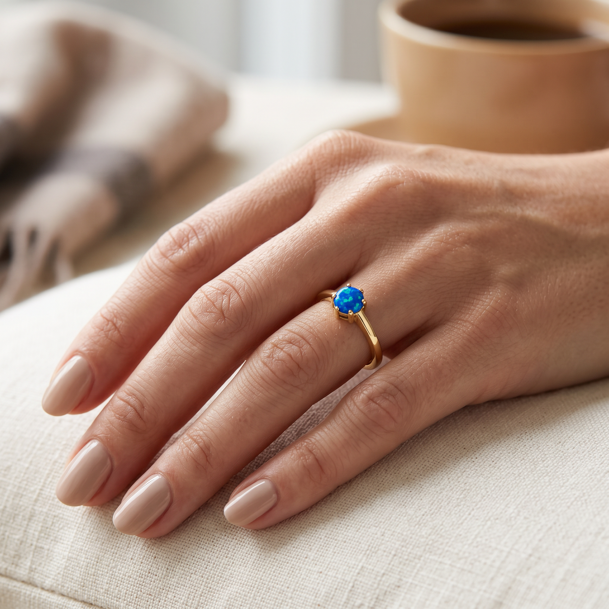 Sterling Silver Gold Plated Round Blue Lab Opal Ring worn on hand