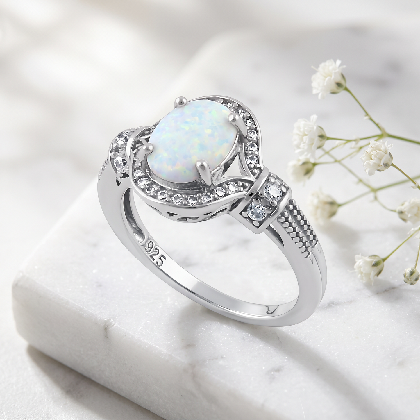 Sterling Silver Rose Gold Elegant White Oval Lab Opal CZ Ring on marble