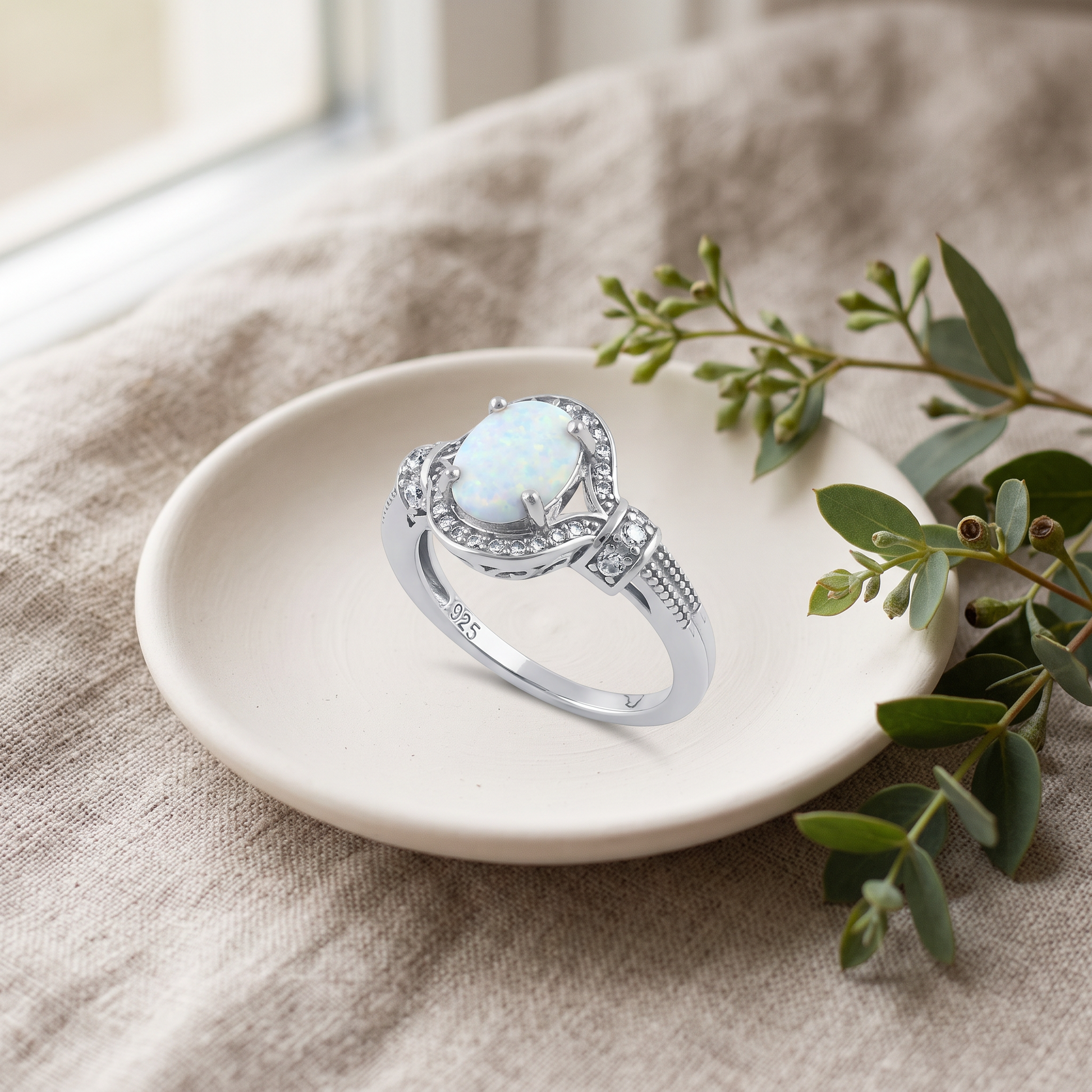 Sterling Silver Rose Gold Elegant White Oval Lab Opal CZ Ring styled