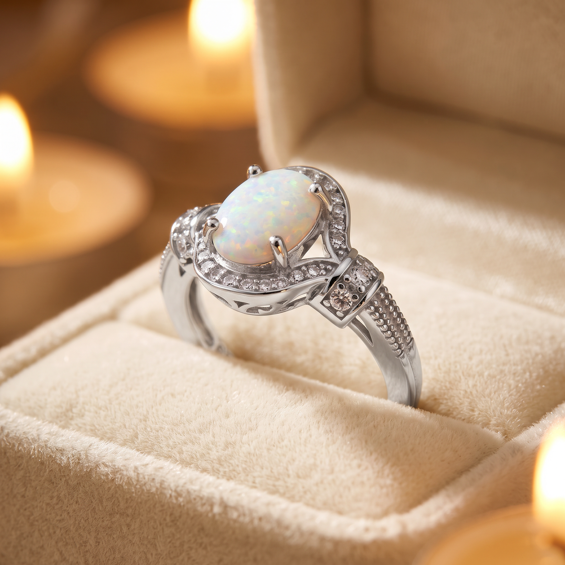 Sterling Silver Rose Gold Elegant White Oval Lab Opal CZ Ring gift box