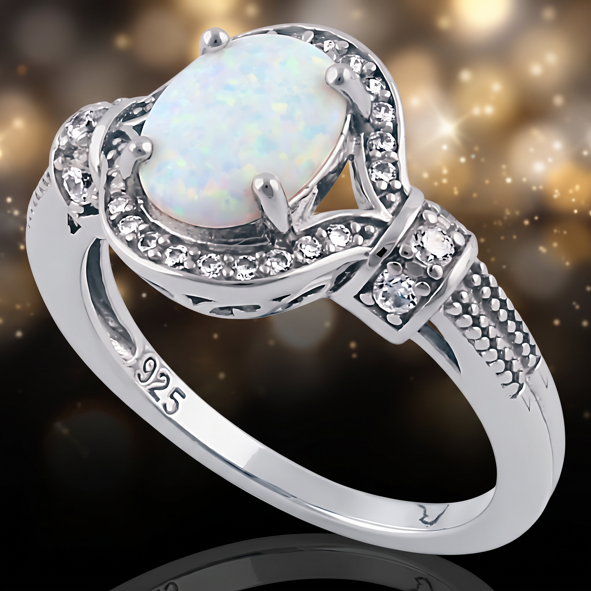 Sterling Silver Rose Gold Elegant White Oval Lab Opal CZ Ring close-up