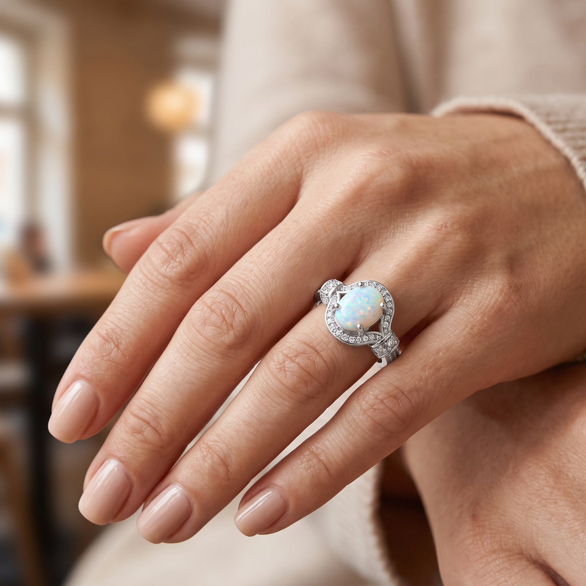 Sterling Silver Rose Gold Elegant White Oval Lab Opal CZ Ring worn on hand