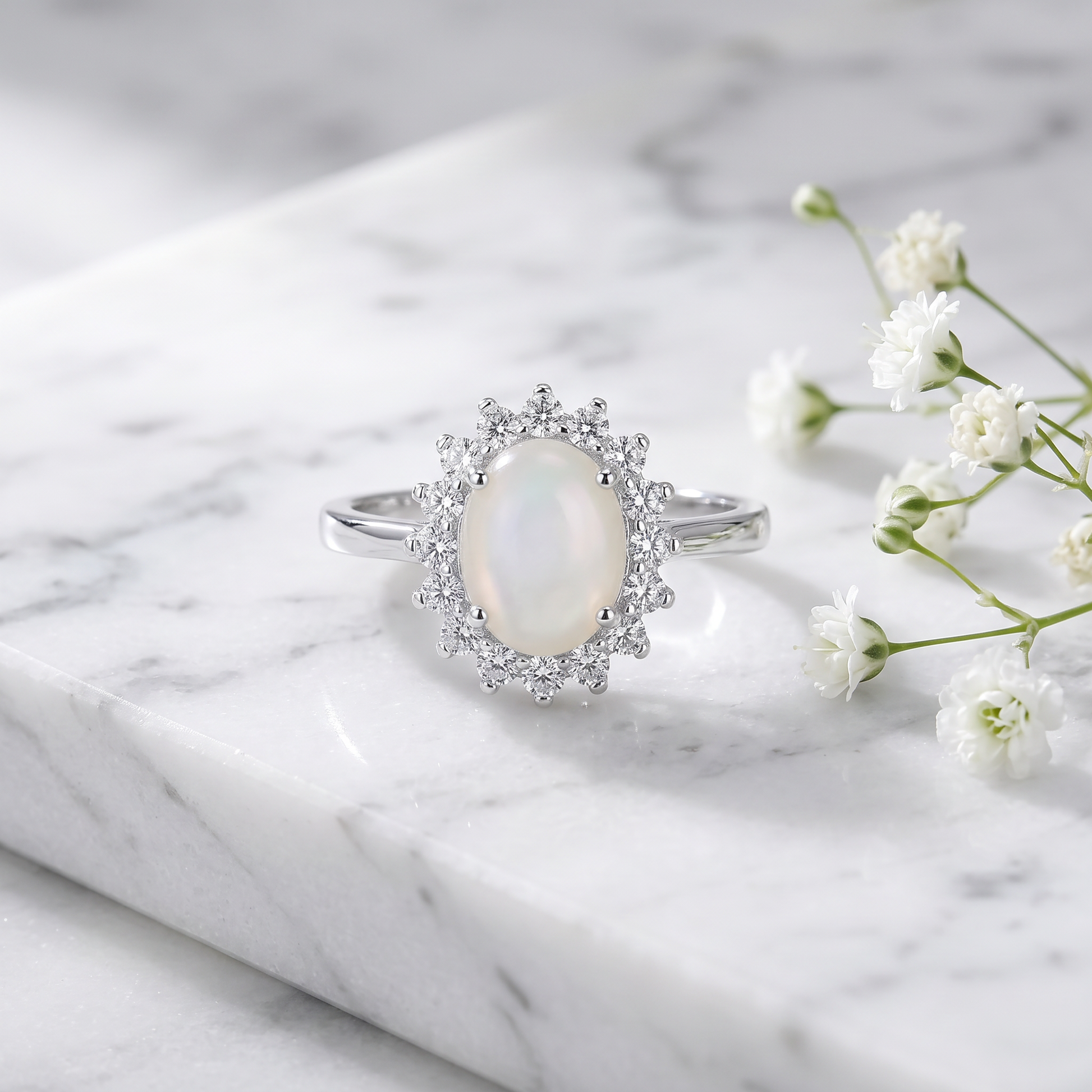 Sterling Silver Oval Mother of Pearl Opal CZ Ring on marble