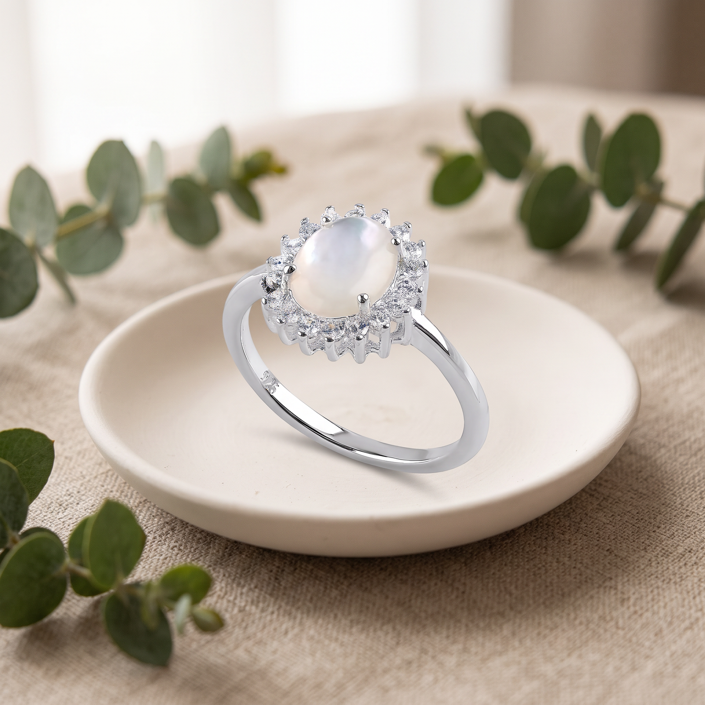Sterling Silver Oval Mother of Pearl Opal CZ Ring styled
