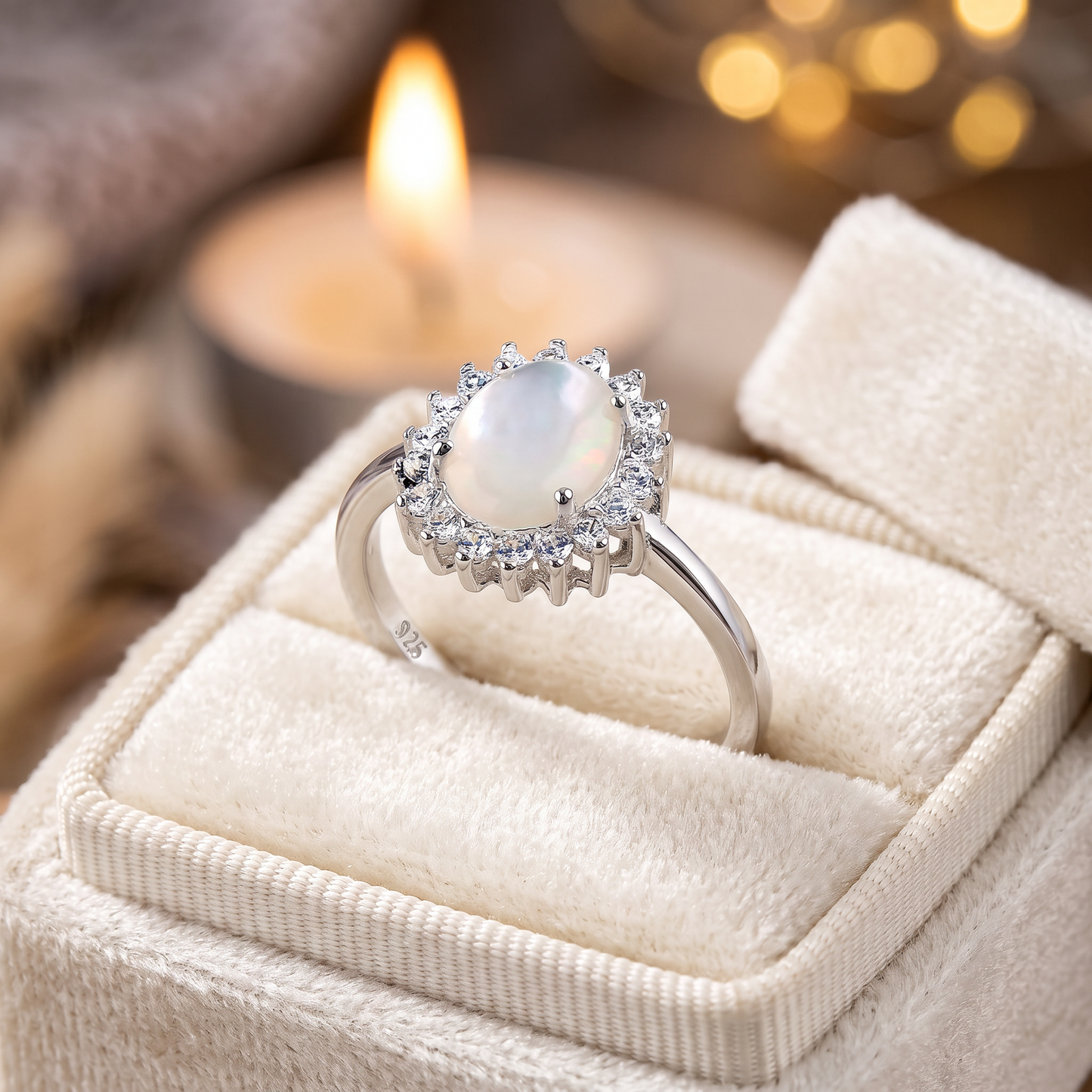 Sterling Silver Oval Mother of Pearl Opal CZ Ring gift box
