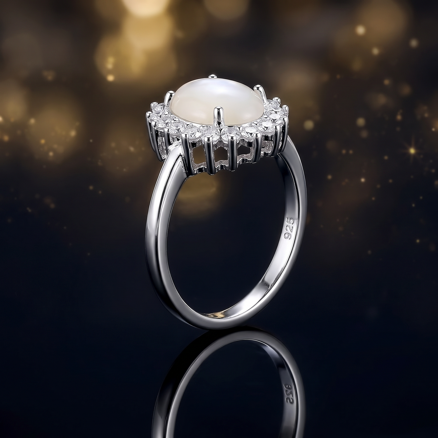 Sterling Silver Oval Mother of Pearl Opal CZ Ring close-up