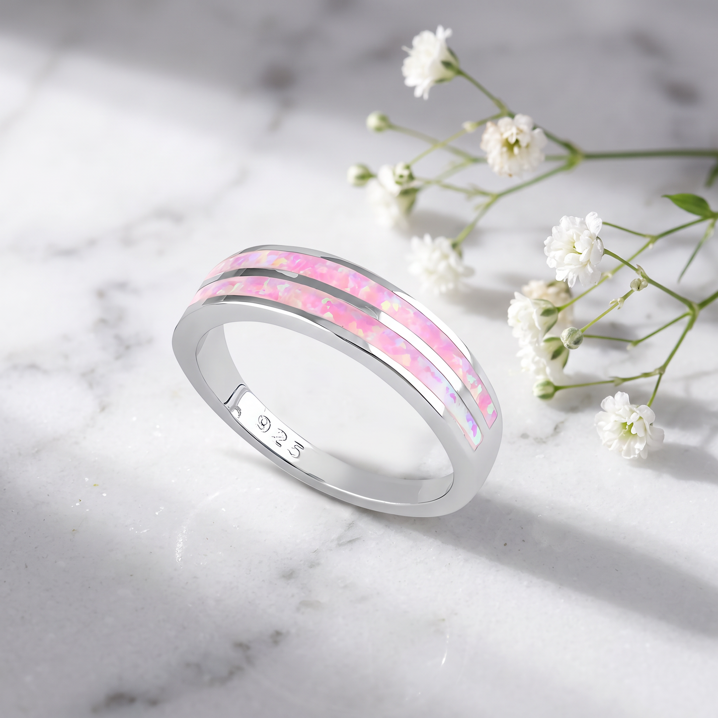 Sterling Silver Pink Lab Opal Stripes Band Ring on marble