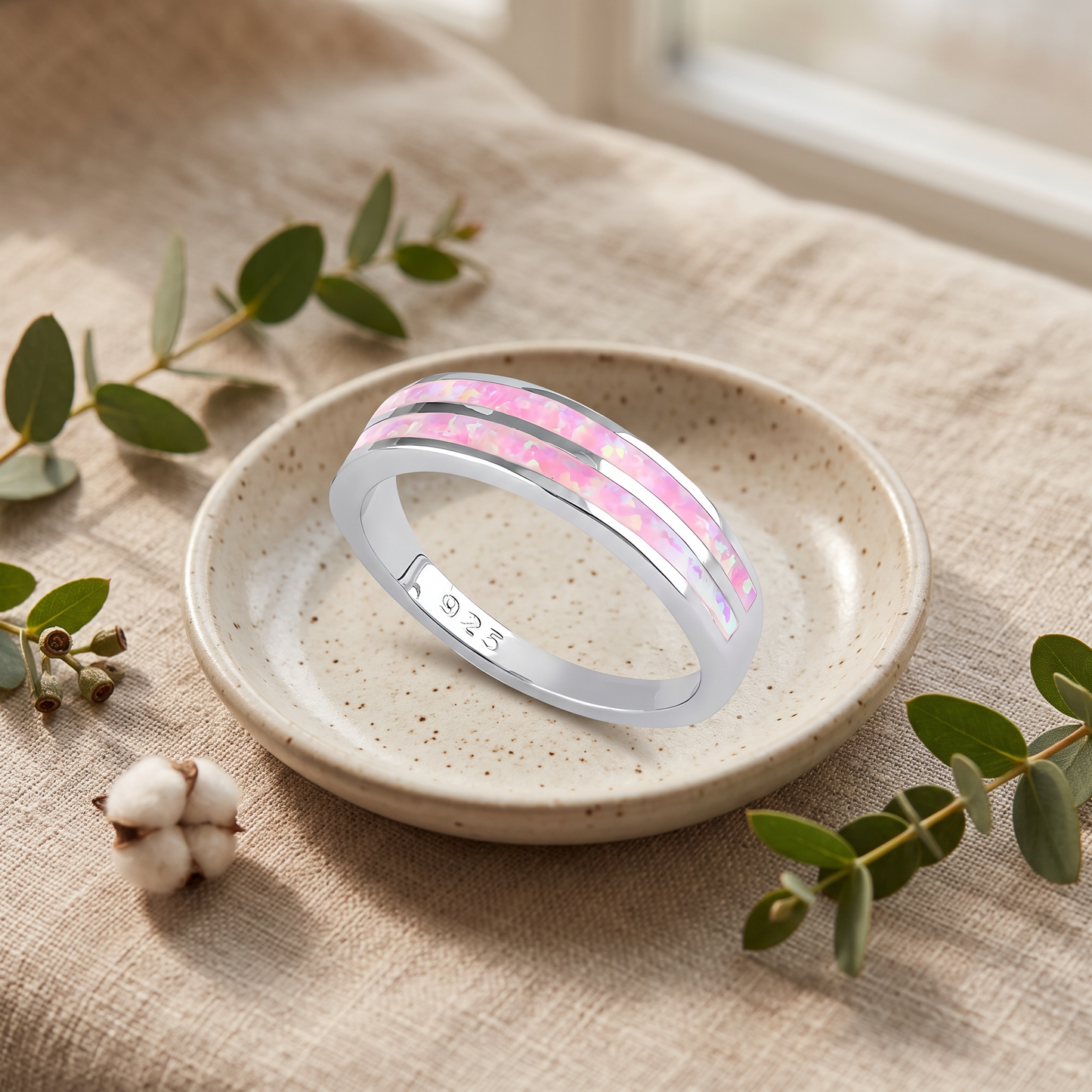 Sterling Silver Pink Lab Opal Stripes Band Ring styled