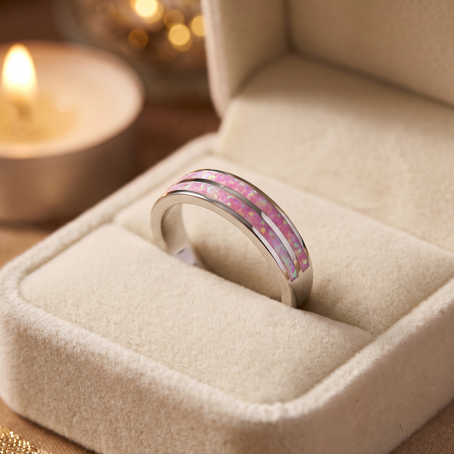 Sterling Silver Pink Lab Opal Stripes Band Ring gift box