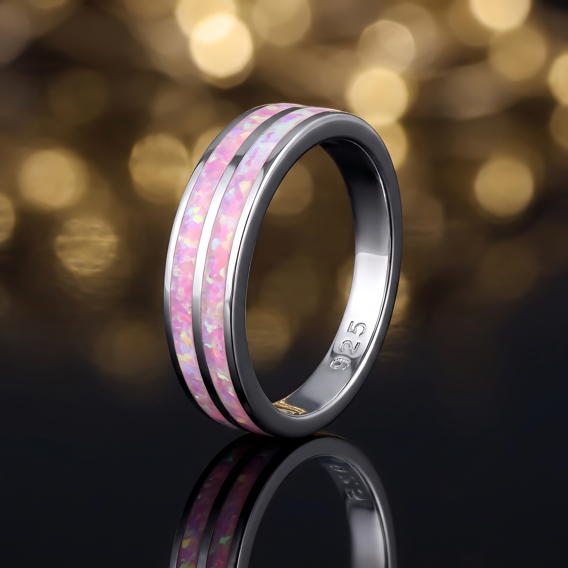 Sterling Silver Pink Lab Opal Stripes Band Ring close-up