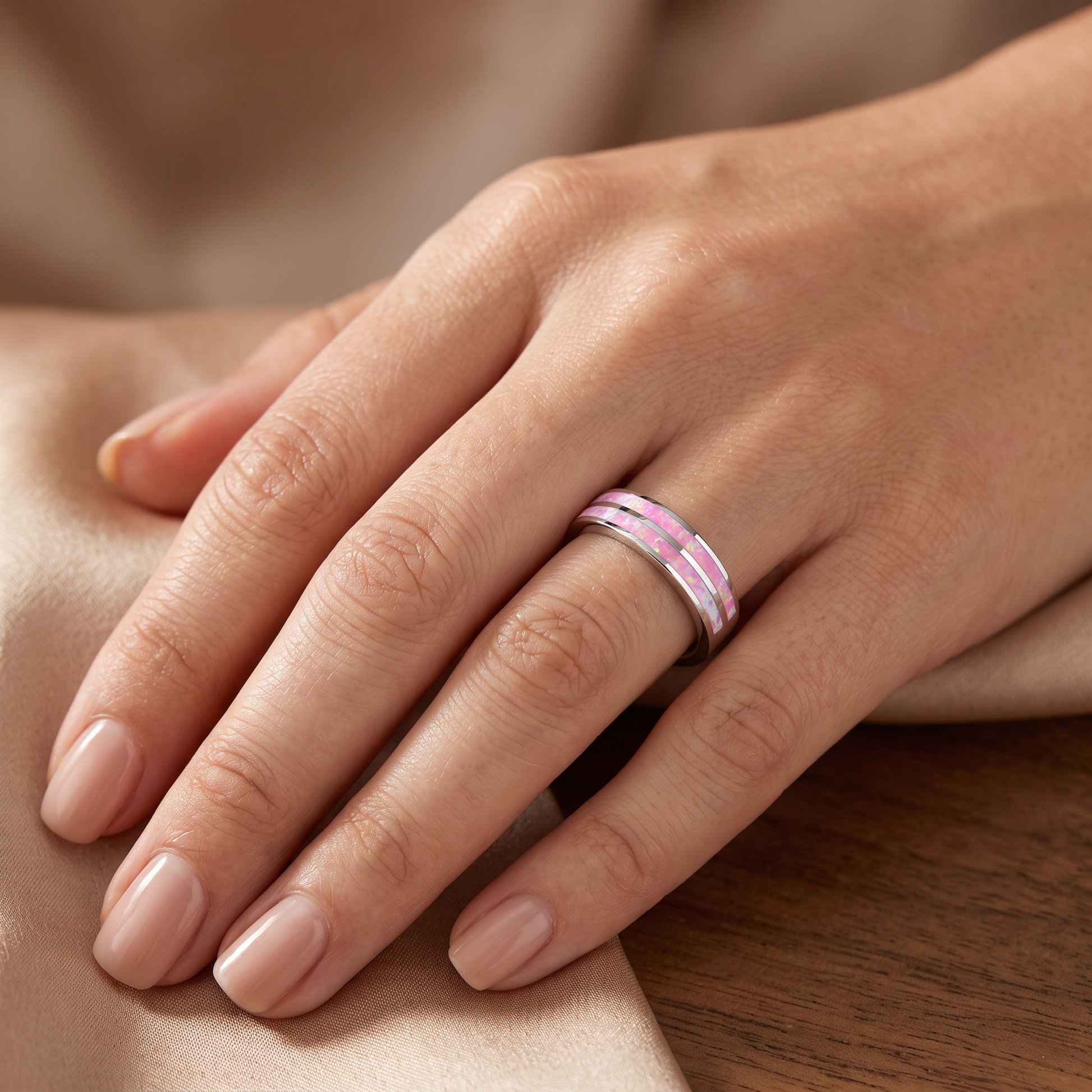 Sterling Silver Pink Lab Opal Stripes Band Ring worn on hand