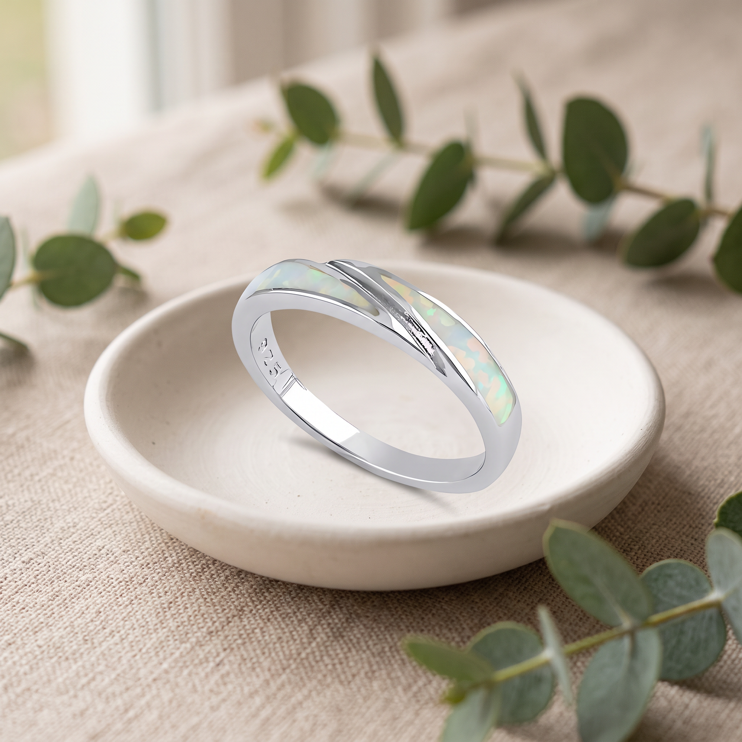 Sterling Silver White Lab Opal Band Ring styled