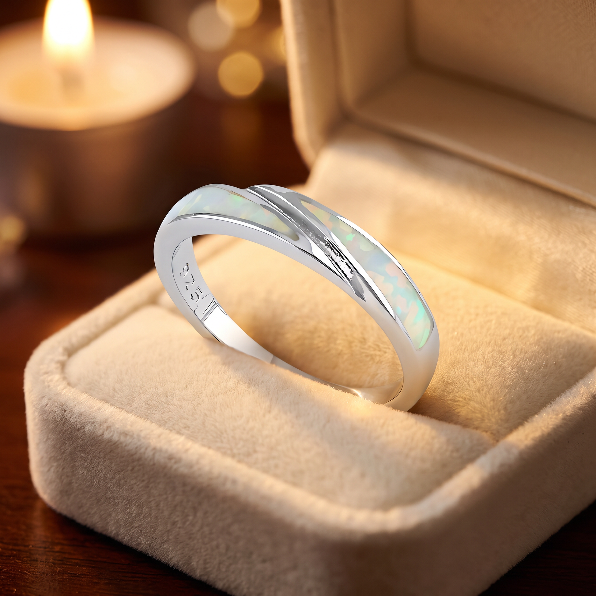 Sterling Silver White Lab Opal Band Ring gift box