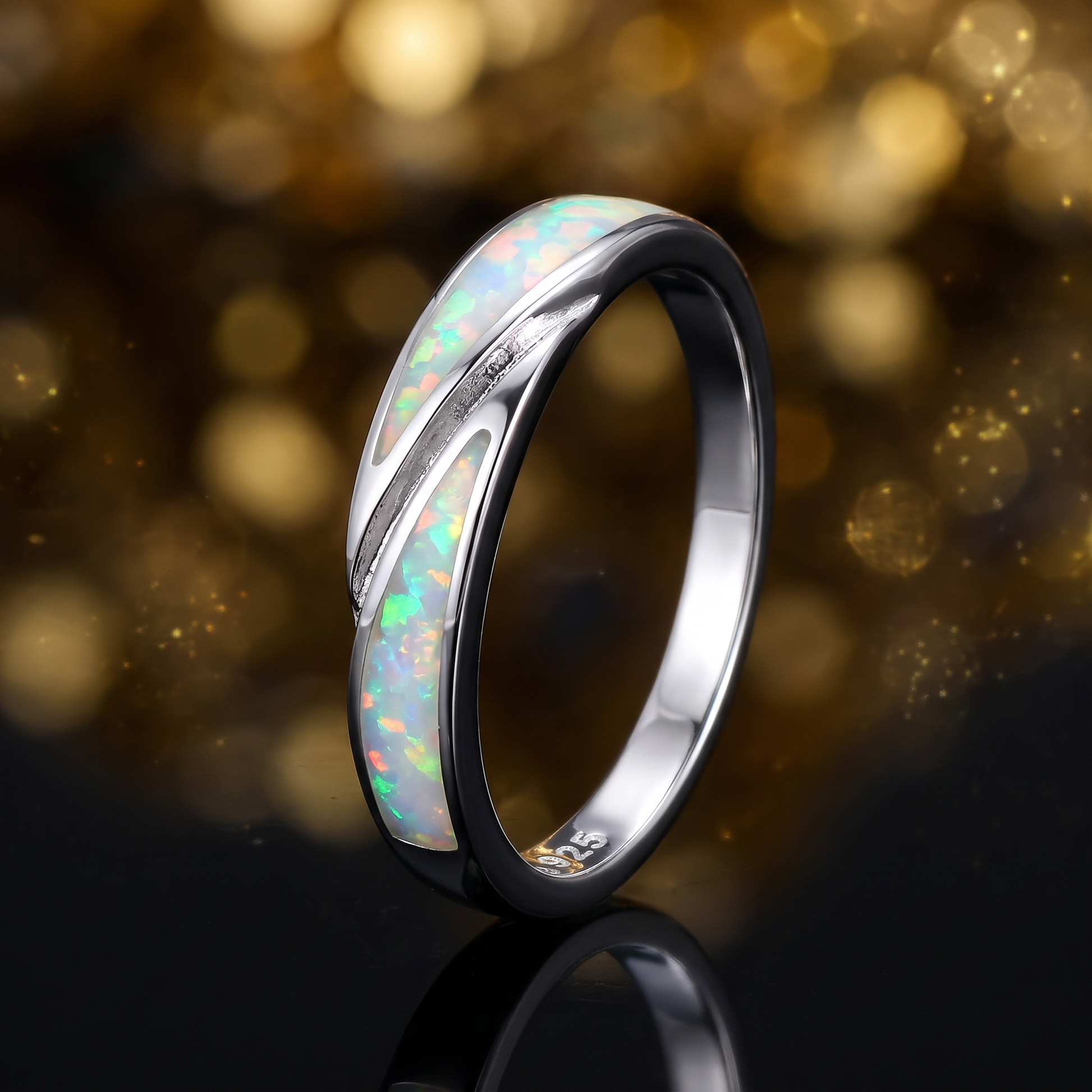 Sterling Silver White Lab Opal Band Ring close-up
