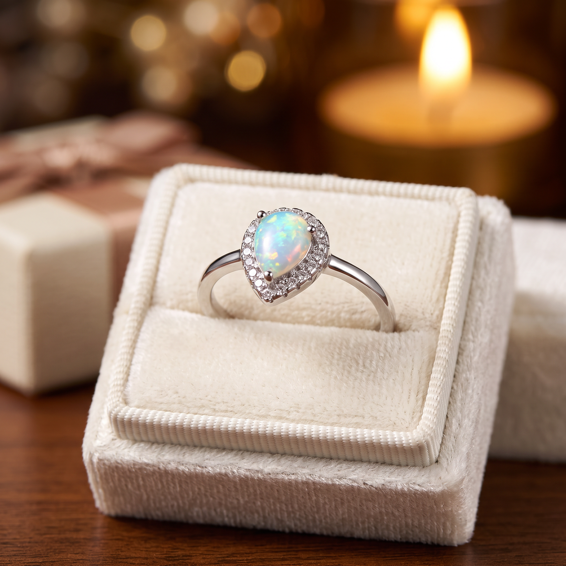 Sterling Silver White Lab Opal Tilted Pear Halo CZ Ring gift box