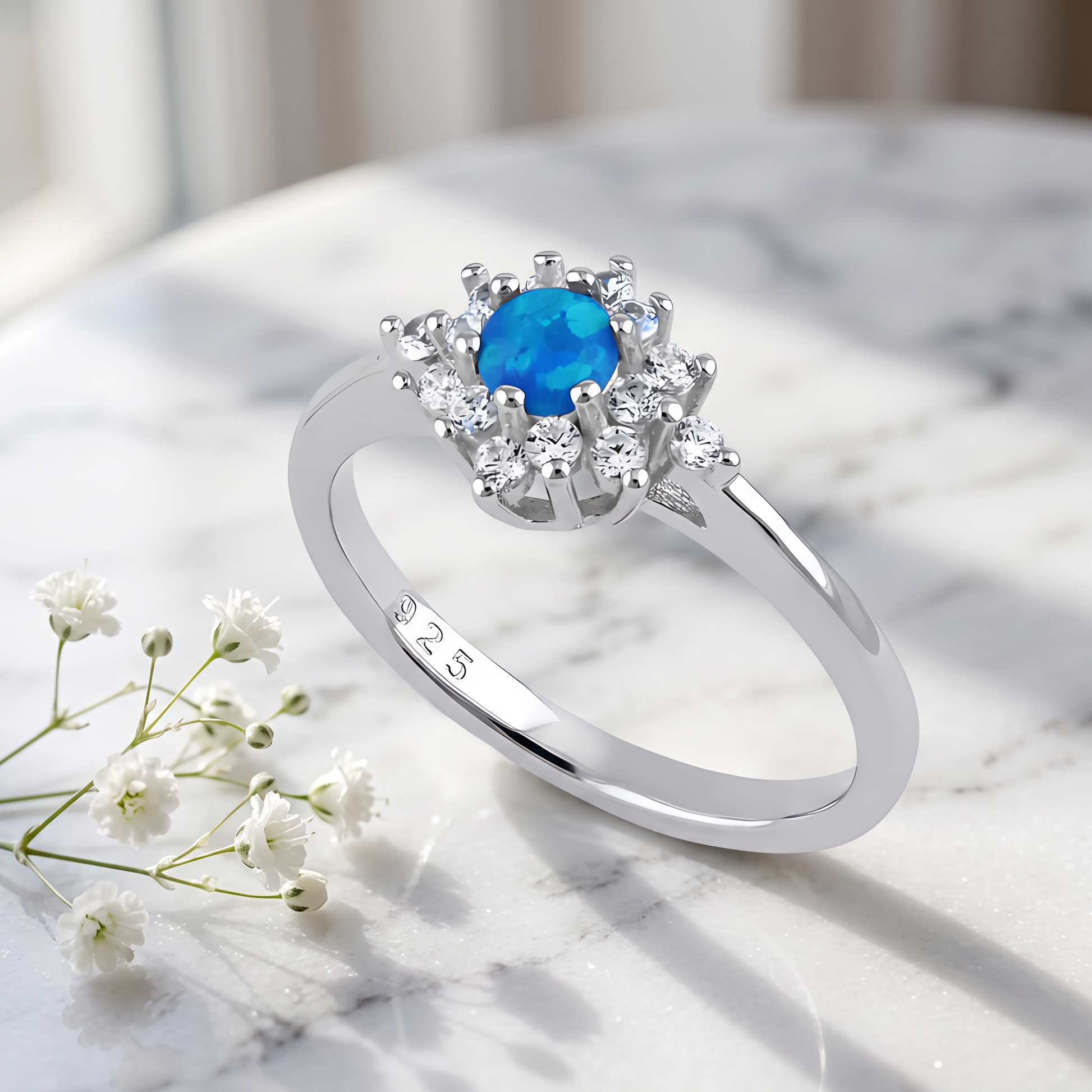 Sterling Silver Dainty Vintage Blue Lab Opal Halo Ring on marble