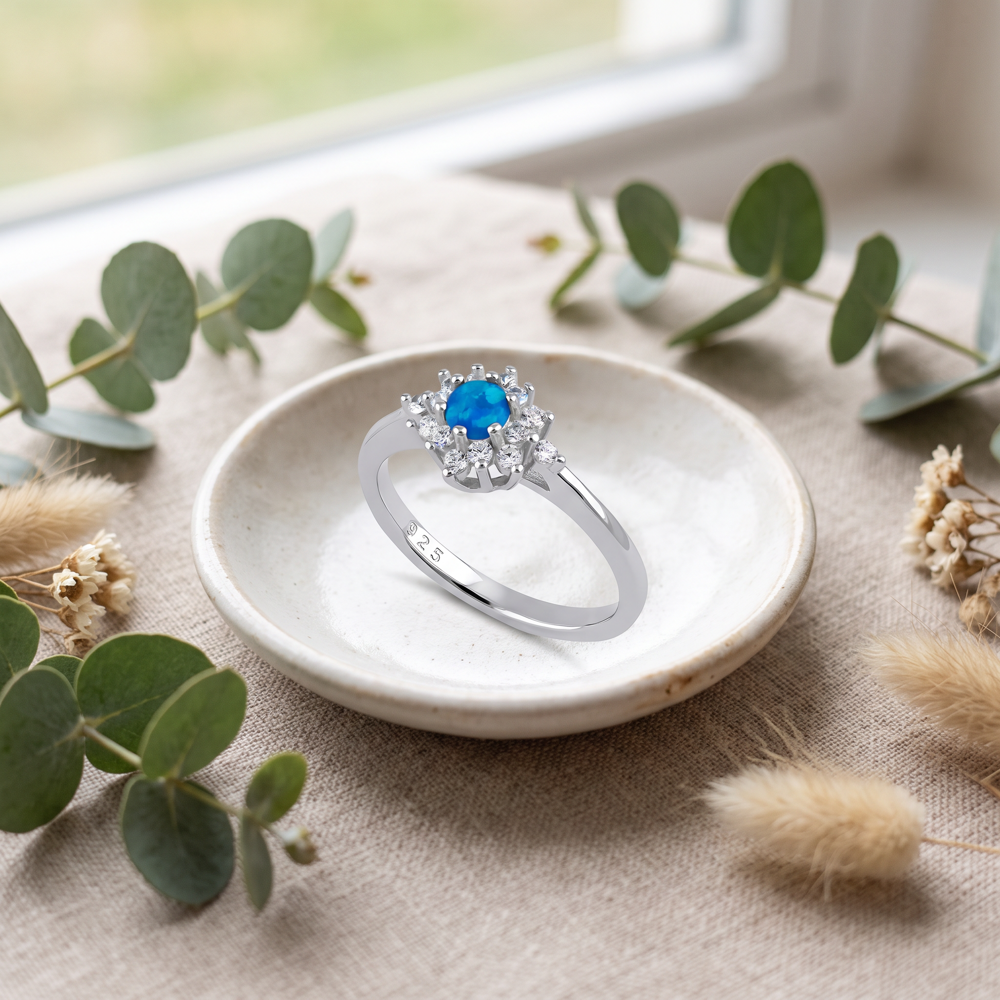 Sterling Silver Dainty Vintage Blue Lab Opal Halo Ring styled