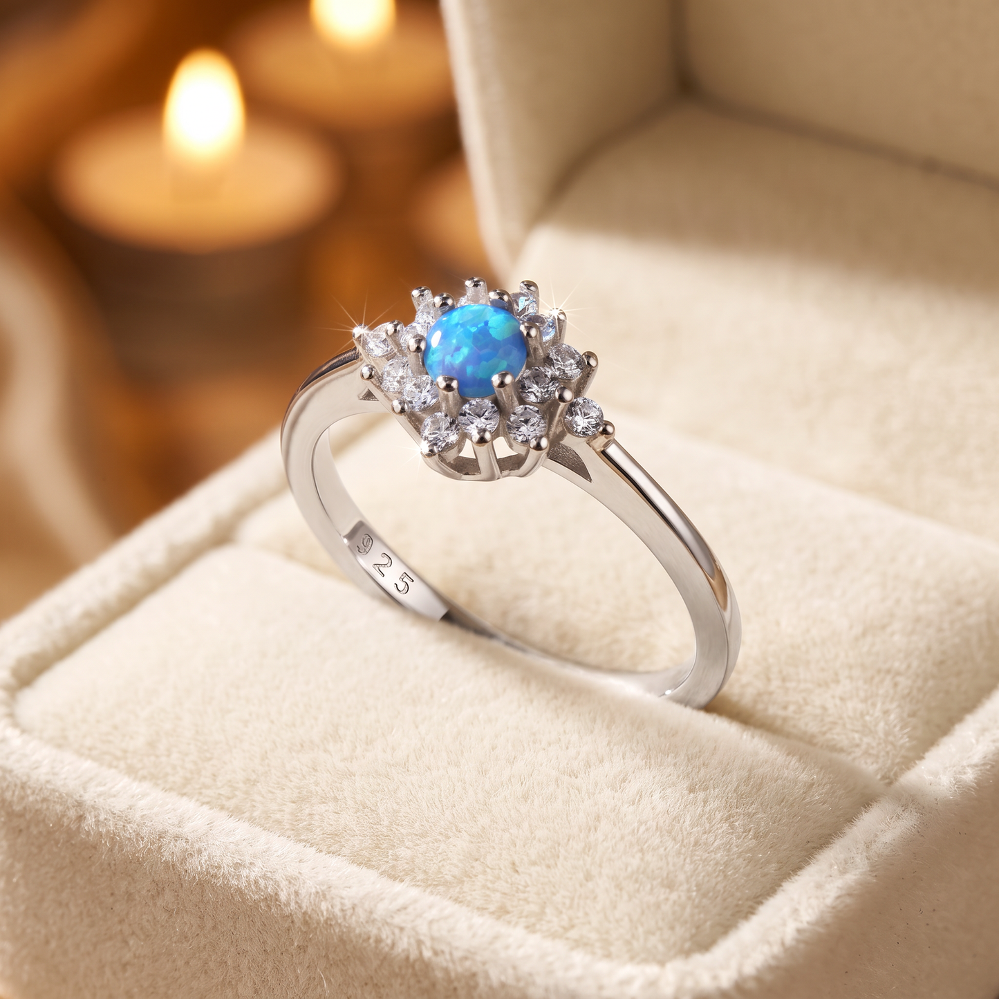 Sterling Silver Dainty Vintage Blue Lab Opal Halo Ring gift box