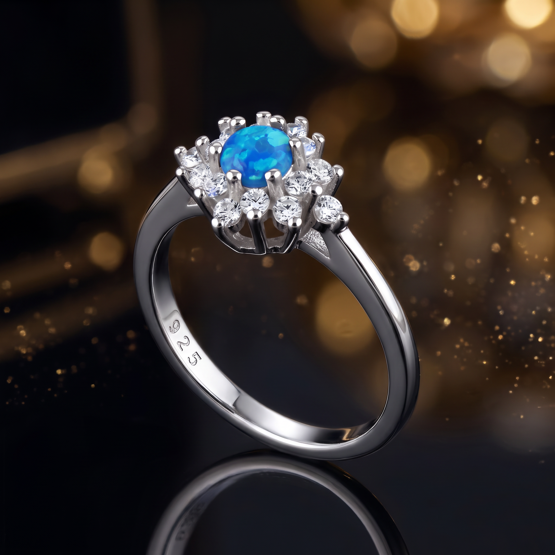 Sterling Silver Dainty Vintage Blue Lab Opal Halo Ring close-up