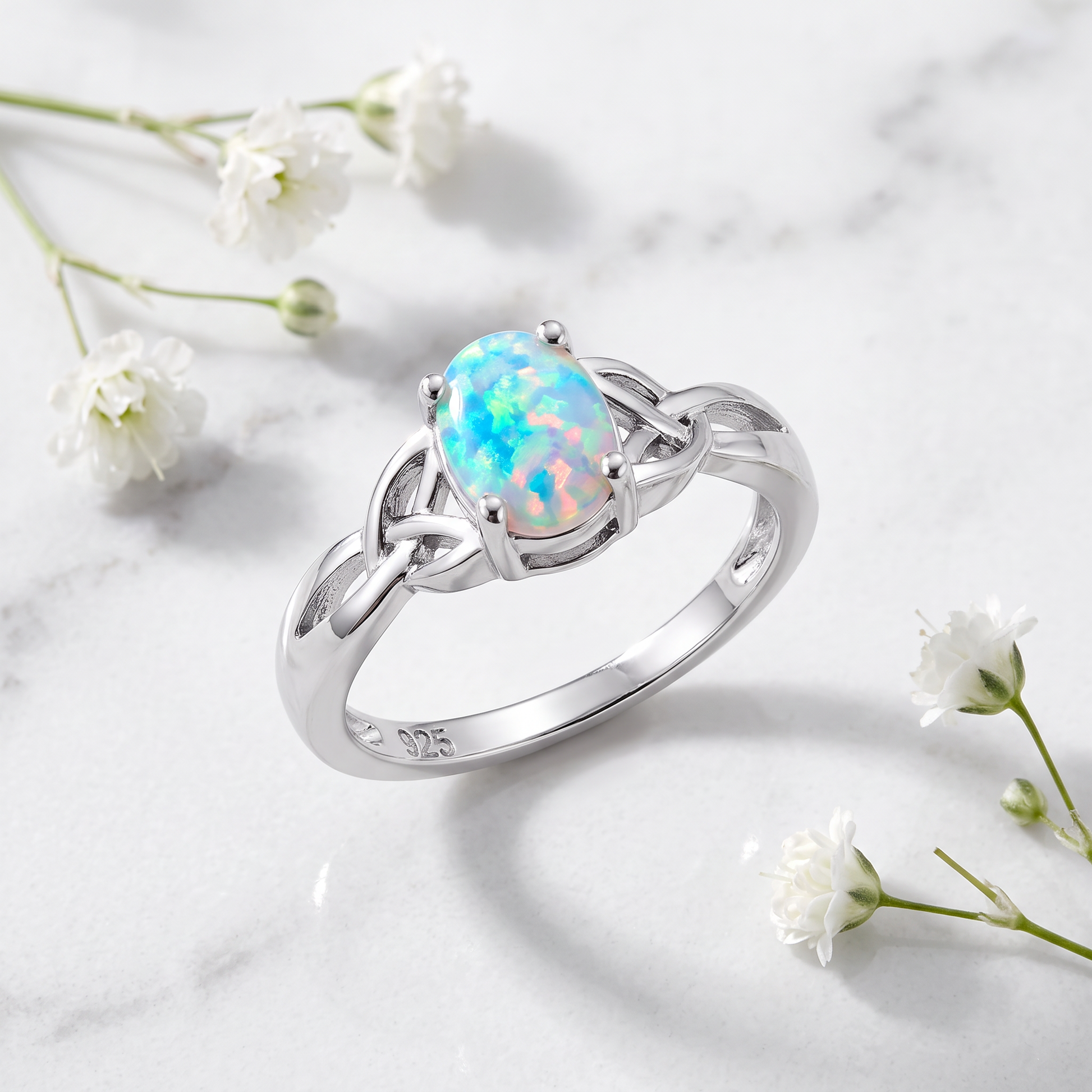 Sterling Silver Oval Celtic White Lab Opal Ring on marble