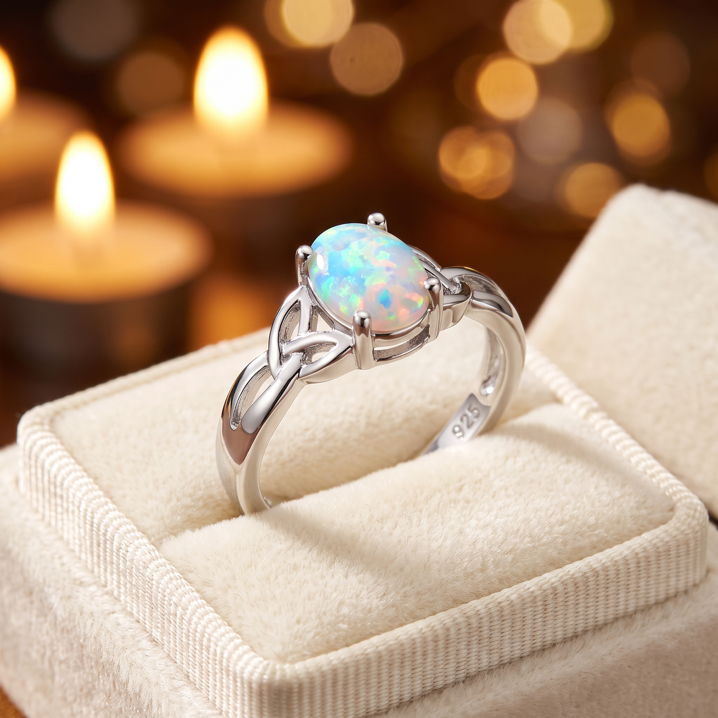 Sterling Silver Oval Celtic White Lab Opal Ring gift box