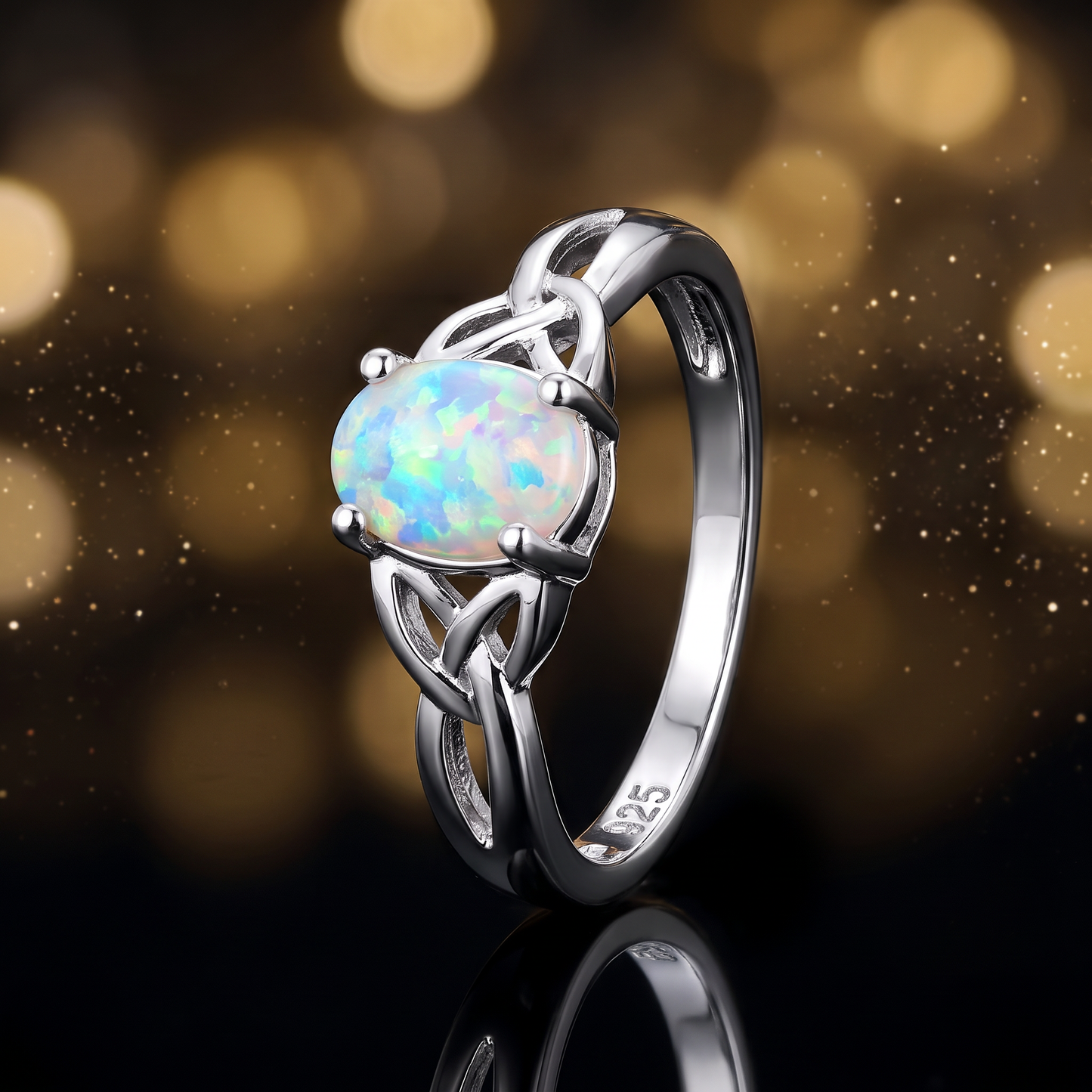 Sterling Silver Oval Celtic White Lab Opal Ring close-up