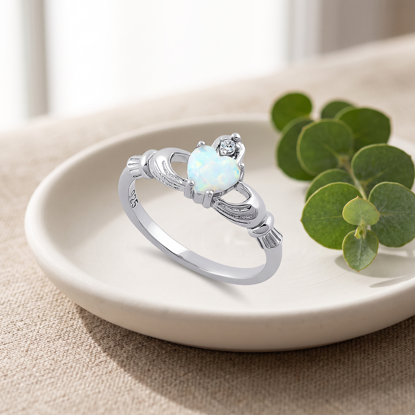 Sterling Silver Claddagh White Lab Opal CZ Ring styled