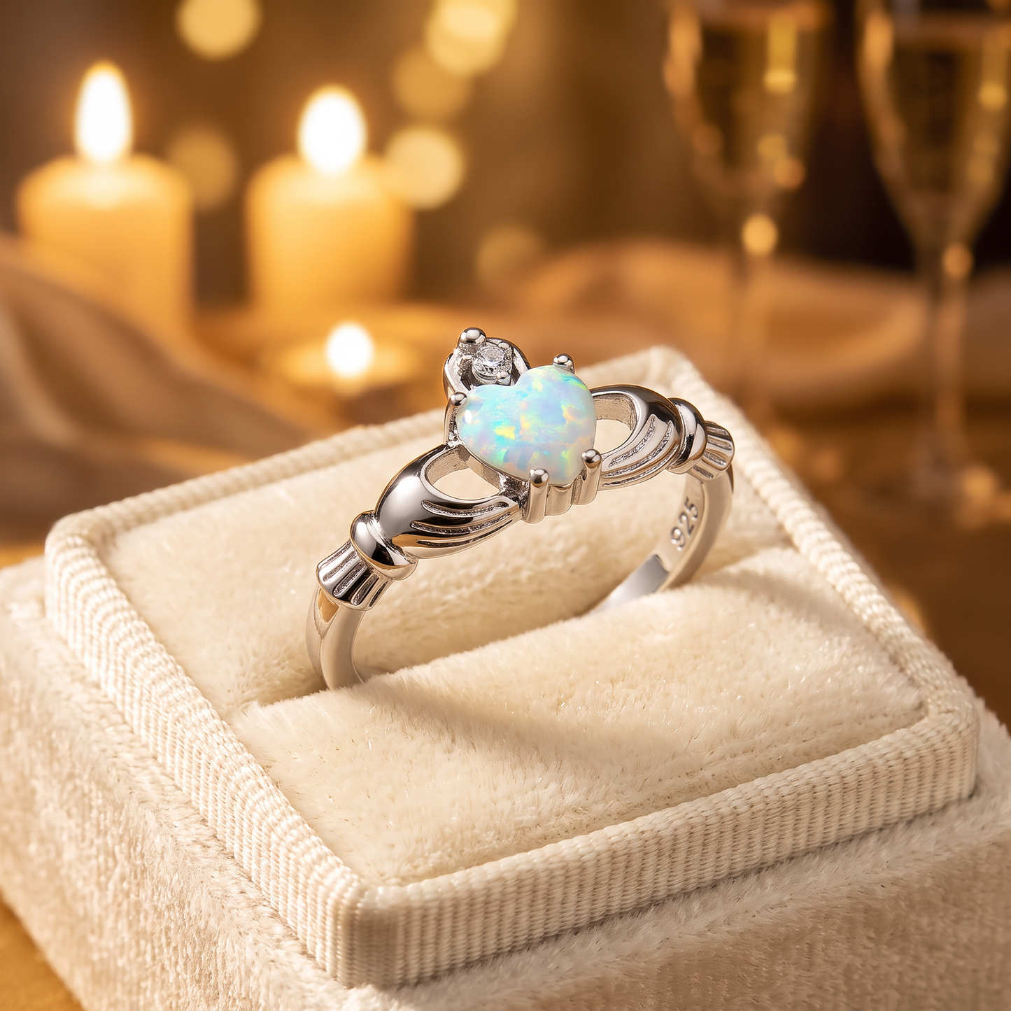 Sterling Silver Claddagh White Lab Opal CZ Ring gift box