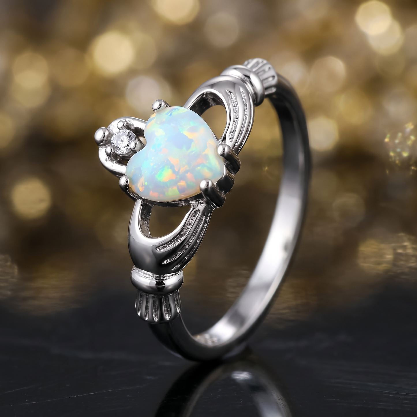 Sterling Silver Claddagh White Lab Opal CZ Ring close-up