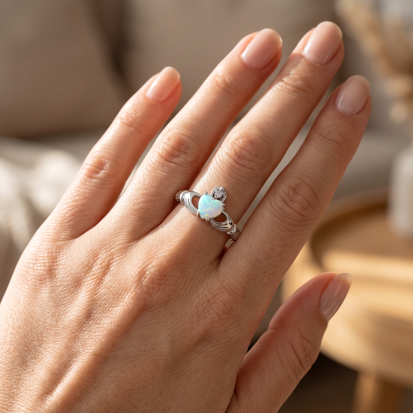 Sterling Silver Claddagh White Lab Opal CZ Ring worn on hand