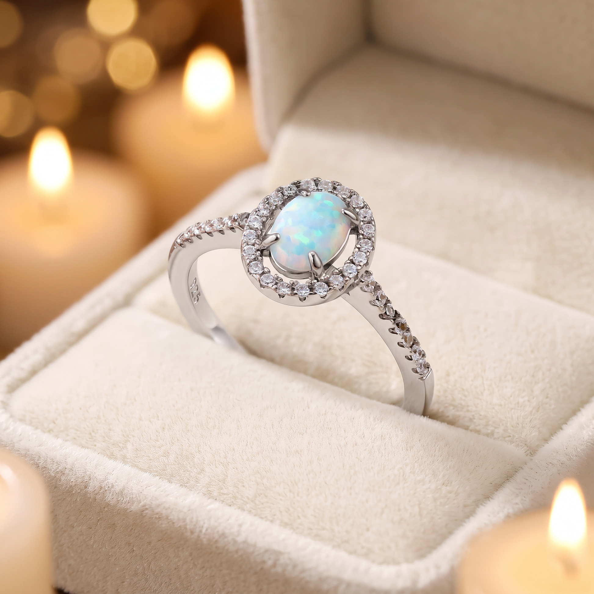 Sterling Silver White Lab Opal and Clear CZ Oval Halo Ring gift box